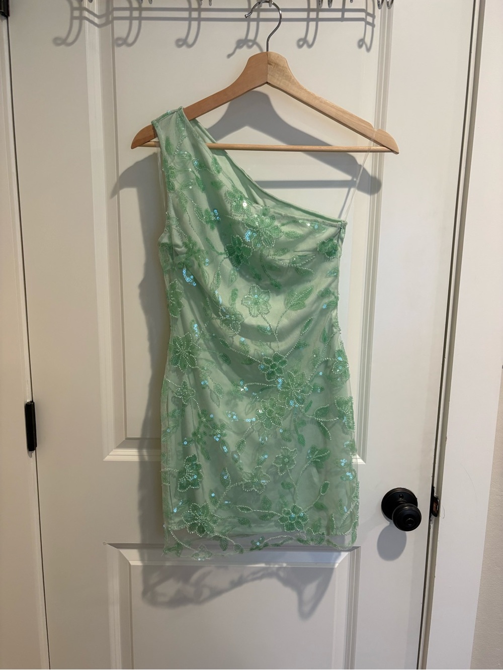 Peppermayo NWT One-Shoulder Mint Green Sequin Floral Mini Dress - size xxs or 0